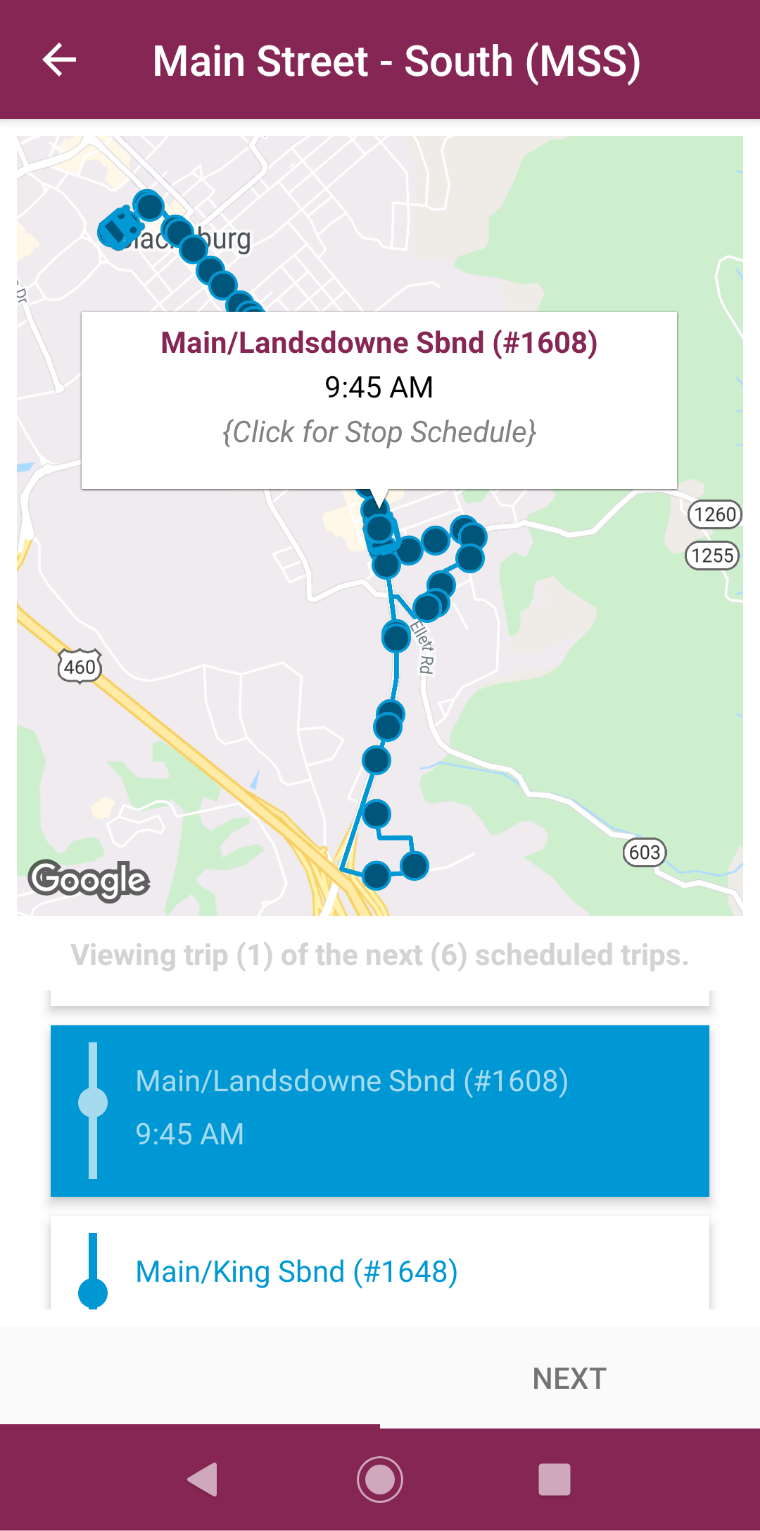 Blacksburg Transit Mobile App route stop information