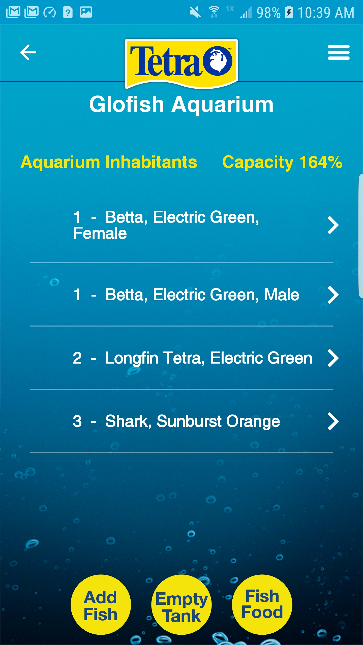Spectrum Connected App Aquarium inhabitants and capacity